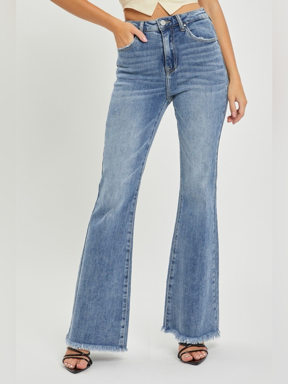 RISEN Full Size High Waist Raw Hem Flare Jeans